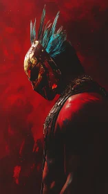 Fierce masked warrior pauses in a vivid red battlefield haze