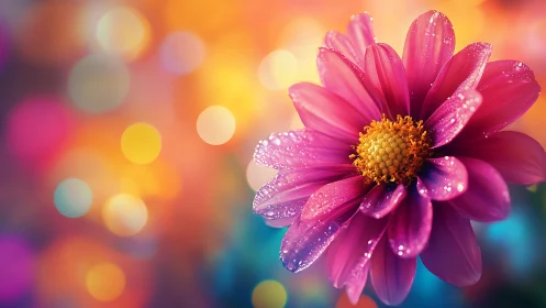 Pink Cosmos Flower with Water Droplets. Blurred Bokeh Background.