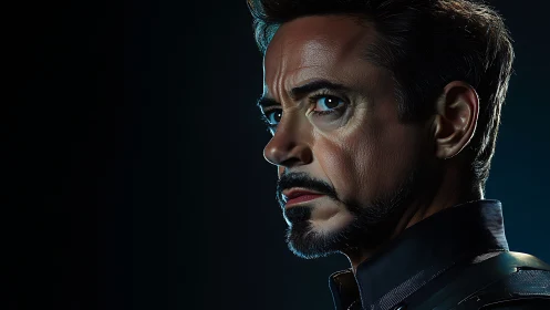 Intense side-lit portrait of a vigilant armored hero figure.