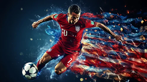 Dynamic US soccer forward with motion trails and flag energy