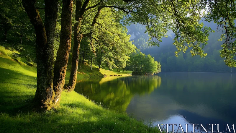 Sunlit lakeside trees lean softly into mirrored morning calm