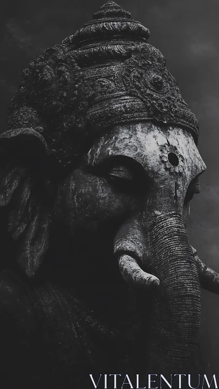 Weathered stone elephant deity sculpture under low key lighting