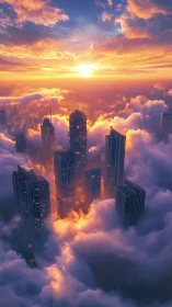 Sunlit cloud city skyline pierces glowing storm layers.