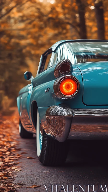 Rear view shows blue vintage car parked on autumn road