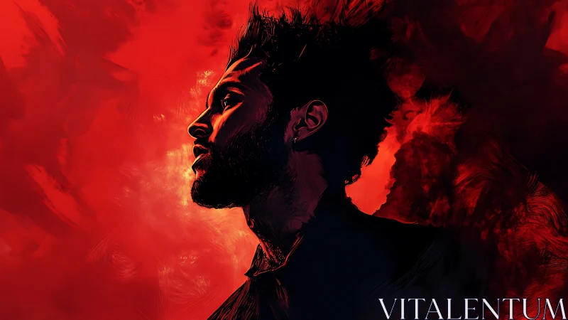 Crimson backlit male profile in expressive digital chiaroscuro.