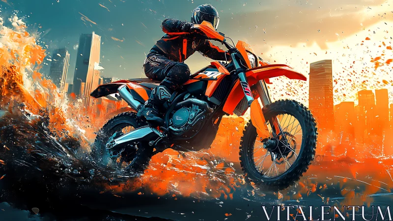 Dynamic off road motorcycle jump in explosive cityscape lighting
