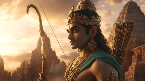 Divine archer profile in golden sunset over temple ruins.