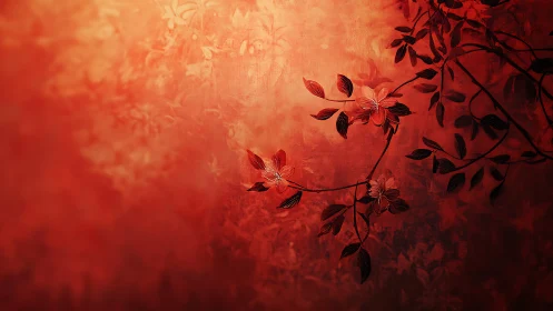 Crimson floral vines drift across a softly glowing backdrop