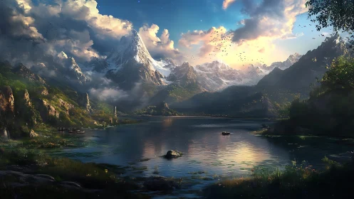 Sunlit alpine lake beneath towering snow peaks at dusk.