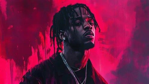 Moody hip-hop portrait under neon magenta haze backdrop.