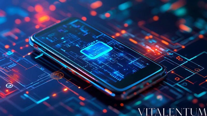 Smartphone SOC visualization over neon circuit substrate