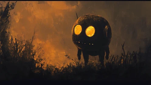 Spherical scout robot in dusk-lit overgrown field landscape.