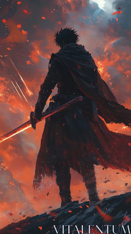 Lone warrior stands over burning battlefield with flaming sword