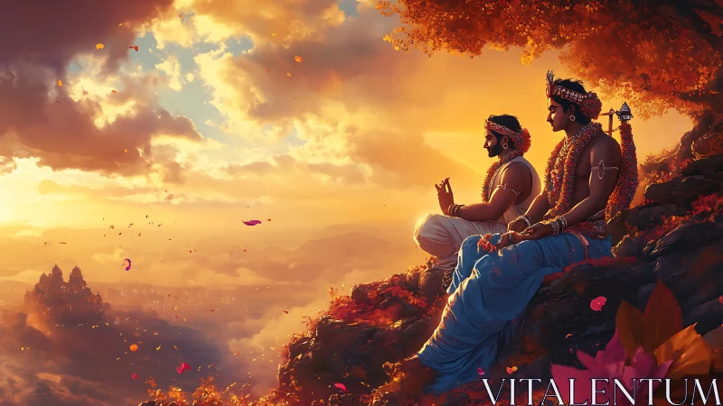 Divine sages meditating above golden valley at sunset.
