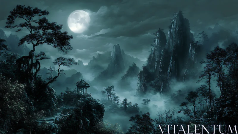 Moonlit mountain landscape with mist and distant pavilion.