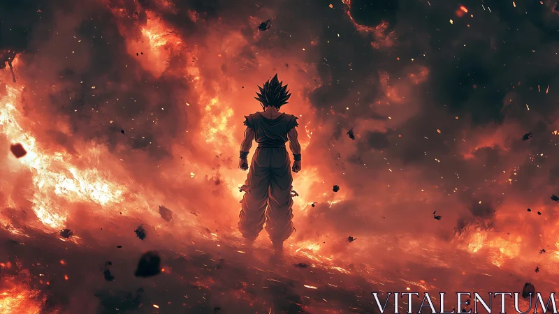 Lone anime warrior stands amid fiery apocalyptic storm.