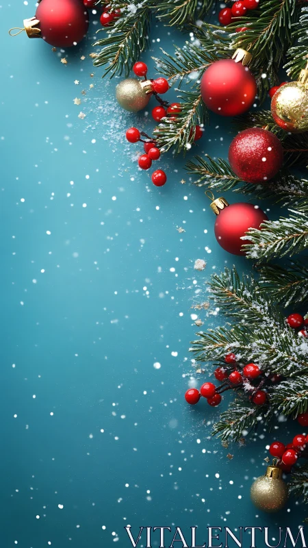 Red baubles and fir branches create festive contrast on teal