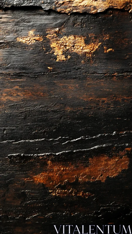 Burnt timber texture with metallic copper highlights surface.