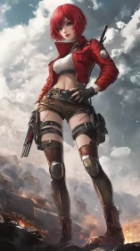 Red haired anime sniper stands over burning wasteland.