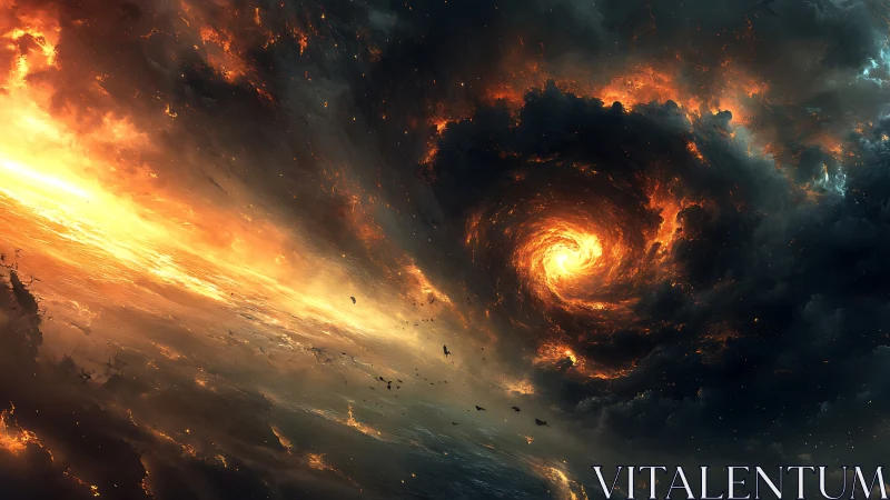 Solar storm vortex devours a burning horizon of cosmic sea