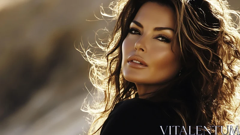 Sunlit brunette gazes back with windswept golden hair.