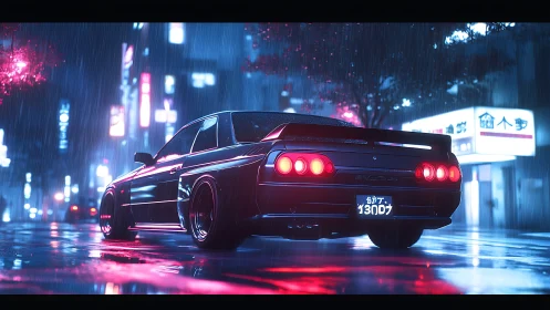 Neon lit sports car on rainy cyberpunk city street at night.