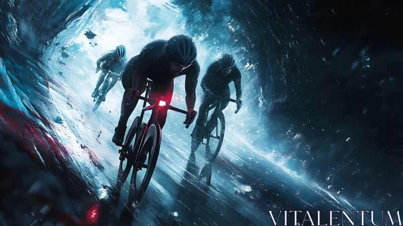 Cyclists on wet road under tunnel-like light effect.