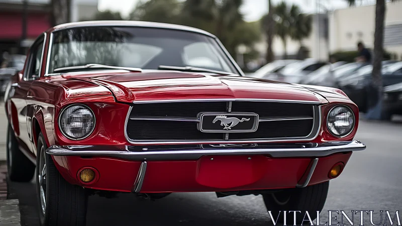 Classic red Ford Mustang gleams in a modern city street.