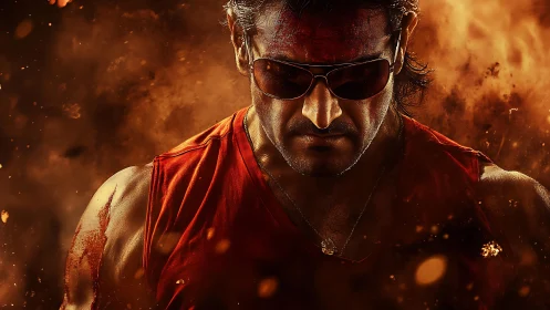 Intense action hero stands amid swirling fiery embers