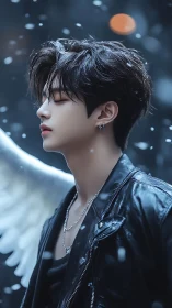 Photorealistic angelic portrait in cinematic snowfall profile.