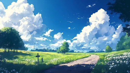 High-contrast rural path under towering cumulonimbus sky rendering