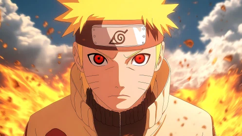 Fiery ninja hero stands strong amid blazing swirling flames