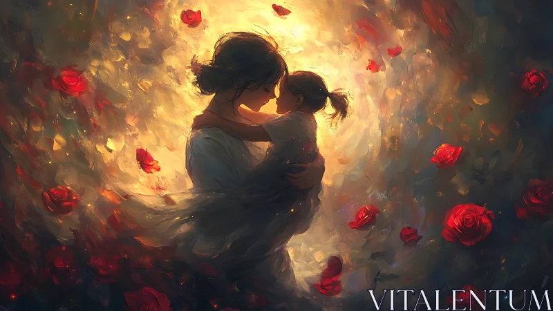 Mother Holding Child in Rose Garden Luminescence.