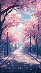 Urban street under pink cherry blossoms in full bloom.