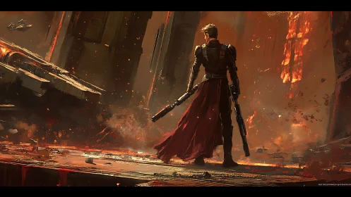 Lone warrior surveys a burning sci‑fi battlefield in ruins.