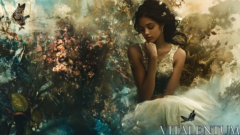 Young woman in tulle dress amid abstract floral forms.