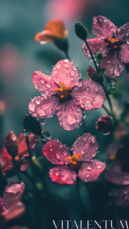 Pink flowers with water droplets on teal background.