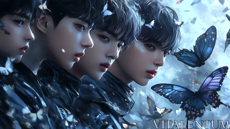 Midnight portraits drifting with electric blue butterflies.