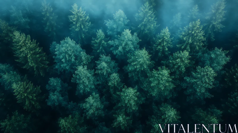 Misty Pine Forest Aerial View with Blue-Green Tones, Tranquil Mood.