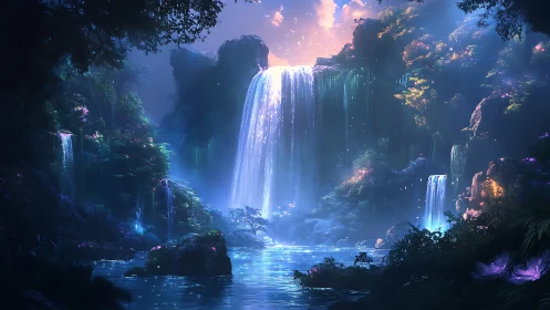 Luminous fantasy waterfalls in a glowing jungle valley.