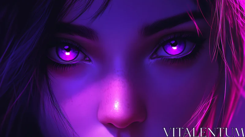 Close digital portrait with neon purple illuminated eyes.