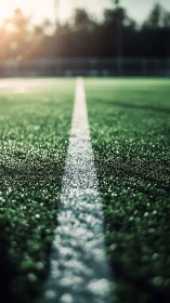 Sunlit sideline sparkles on dew-soaked turf horizon.