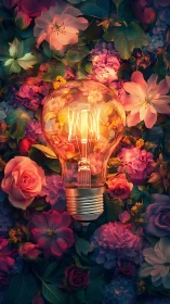 Illuminated glass light bulb centered in dense floral layout.
