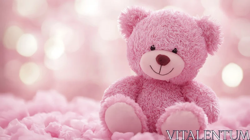 Blush-pink teddy bear basking in dreamy cotton-candy glow.