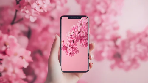 Smartphone held in hand displays pink floral wallpaper design.