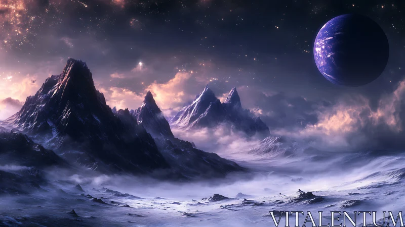 Frozen alien mountains under glowing nebula sky and planet.