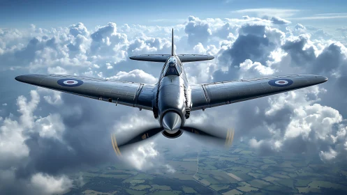 Photorealistic WWII fighter aircraft rendered in dynamic cloudscape