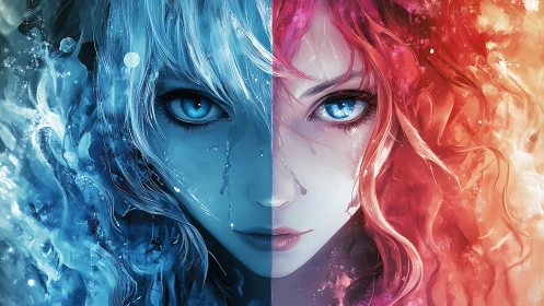 Twin elemental spirits share one powerful, luminous gaze