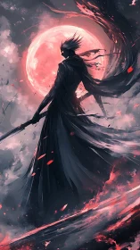 Shadow warrior stalks under blood moon in burning sky.