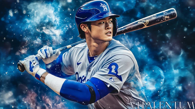 Electric baseball hitter readies a powerful swing in blue energy